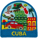 The word Cuba is below a collection of symbols from Cuba, including coffee, a cigar and a beach.