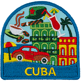 The word Cuba is below a collection of symbols from Cuba, including coffee, a cigar and a beach.