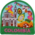 Symbols of Columbian culture are above the word Columbia. 