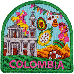 Symbols of Columbian culture are above the word Columbia.