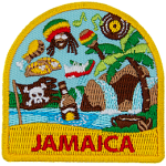 Symbols of Jamaican culture are above the word Jamaica. 