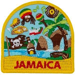 Symbols of Jamaican culture are above the word Jamaica. 