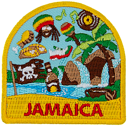 Symbols of Jamaican culture are above the word Jamaica. 