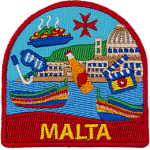 Various symbols of Malta, such as scuba gear and beer, are scattered across a coastal scene.