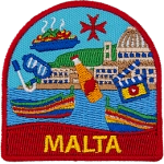 Various symbols of Malta, such as scuba gear and beer, are scattered across a coastal scene.