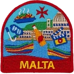 Various symbols of Malta, such as scuba gear and beer, are scattered across a coastal scene.