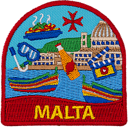 Various symbols of Malta, such as scuba gear and beer, are scattered across a coastal scene.