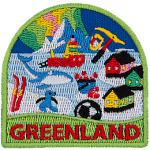 Various symbols of Greenland, such as a whale, houses by the water, skis, ice climbing gear and a fishing boat, are scattered across an icy landscape.