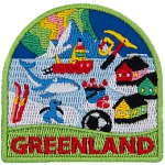 Various symbols of Greenland, such as a whale, houses by the water, skis, ice climbing gear and a fishing boat, are scattered across an icy landscape.