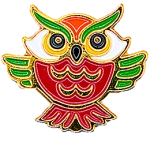 A red-bodied owl has its green wings spread wide and is staring straight at the viewer.