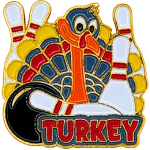 A turkey holds two bowling pins as three more pins peak out from behind its tail feathers. The word Turkey sits underneath.
