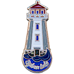 Iconic Sylvan Lake lighthouse-shaped lapel pin with the words Sylvan Lake at the bottom.