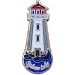 Iconic Sylvan Lake lighthouse-shaped lapel pin with the words Sylvan Lake at the bottom.