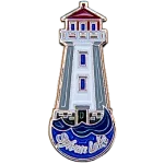 Iconic Sylvan Lake lighthouse-shaped lapel pin with the words Sylvan Lake at the bottom.