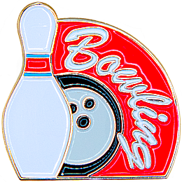 A bowling ball is hitting a bowling pin. The word bowling is written around the side.