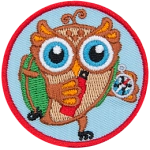 A brown owl holds a compass and a water bottle, with a green backpack.
