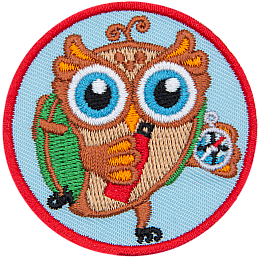 A brown owl holds a compass and a water bottle, with a green backpack.