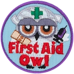 A grey owl covered in bandages, holding a syringe and a bandaid. The words First Aid Owl are across the bottom.