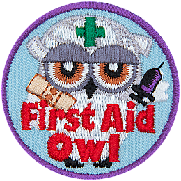 A grey owl covered in bandages, holding a syringe and a bandaid. The words First Aid Owl are across the bottom.