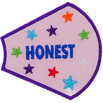 The word Honest is surrounded by multicoloured stars on a light pink background.
