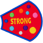 The word Strong is surrounded by multicolour polka-dots on a red background.