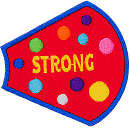 The word Strong is surrounded by multicolour polka-dots on a red background.