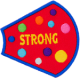 The word Strong is surrounded by multicolour polka-dots on a red background.