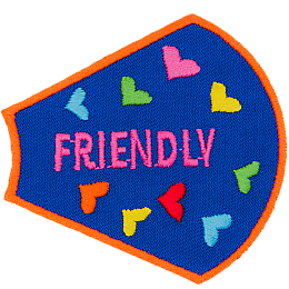 The word Friendly is surrounded by multicoloured hearts on a dark blue background.