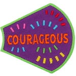 The word Courageous is surrounded by multicoloured confetti on a purple background. 