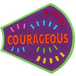 The word Courageous is surrounded by multicoloured confetti on a purple background.
