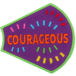 The word Courageous is surrounded by multicoloured confetti on a purple background. 