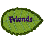 A green leaf with purple text that reads Friends.