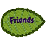 A green leaf with purple text that reads Friends.
