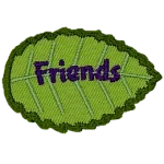 A green leaf with purple text that reads Friends.