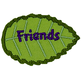 A green leaf with purple text that reads Friends.