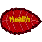 A red leaf with yellow text that says Health.