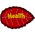 A red leaf with yellow text that says Health.