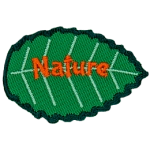 A green leaf with orange text that reads Nature.