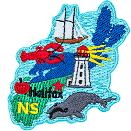 This crest is shaped like the province of Nova Scotia. Decorating it are the initials NS, a lobster, a lighthouse, an apple, a whale, a sailing ship, the ocean, and the capital city Halifax.