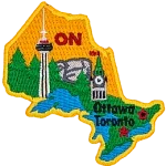 This patch is in the shape of the Canadian province of Ontario decorated by the Canadian Shield, a forest, a great lake, the parliament building and the CN Tower.
