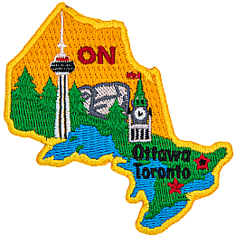 This patch is in the shape of the Canadian province of Ontario decorated by the Canadian Shield, a forest, a great lake, the parliament building and t