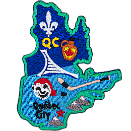 This patch is in the shape of the Canadian province of Quebec. From top to bottom, the Flue-de-lis, a jug of maple syrup, hockey stick and puck, Bonhomme, and Quebec City.