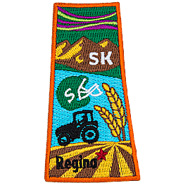 This patch is in the shape of the Canadian province of Saskatchewan with symbols such as the northern lights, grasslands, mountains, prairies, a tract