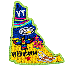 This patch is in the shape of the Canadian territory of Yukon, with the following symbols; the aurora borealis, gold panning, a totem pole, a dog sled, and Whitehorse.