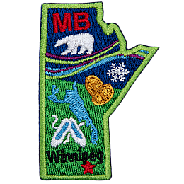 This crest is shaped like the province of Manitoba. Decorating it are the initials MB, a polar bear, the aurora Borealis, a snowflake, two loonie coins, a lake, a pair of slippers, and the capital Winnipeg.