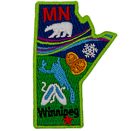 This crest is shaped like the province of Manitoba. Decorating it are the initials MB, a polar bear, the aurora Borealis, a snowflake, two loonie coins, a lake, a pair of slippers, and the capital Winnipeg.