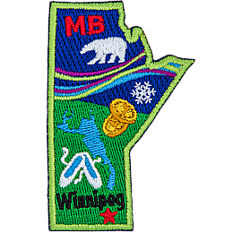 This crest is shaped like the province of Manitoba. Decorating it are the initials MB, a polar bear, the aurora Borealis, a snowflake, two loonie coins, a lake, a pair of slippers, and the capital Winnipeg.
