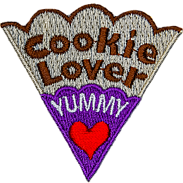 The words Cookie Lover Yummy are on a cookie slice with a red heart and purple icing.