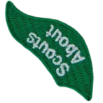 The words Scouts About are stitched on a green flame.