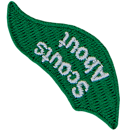 The words Scouts About are stitched on a green flame.